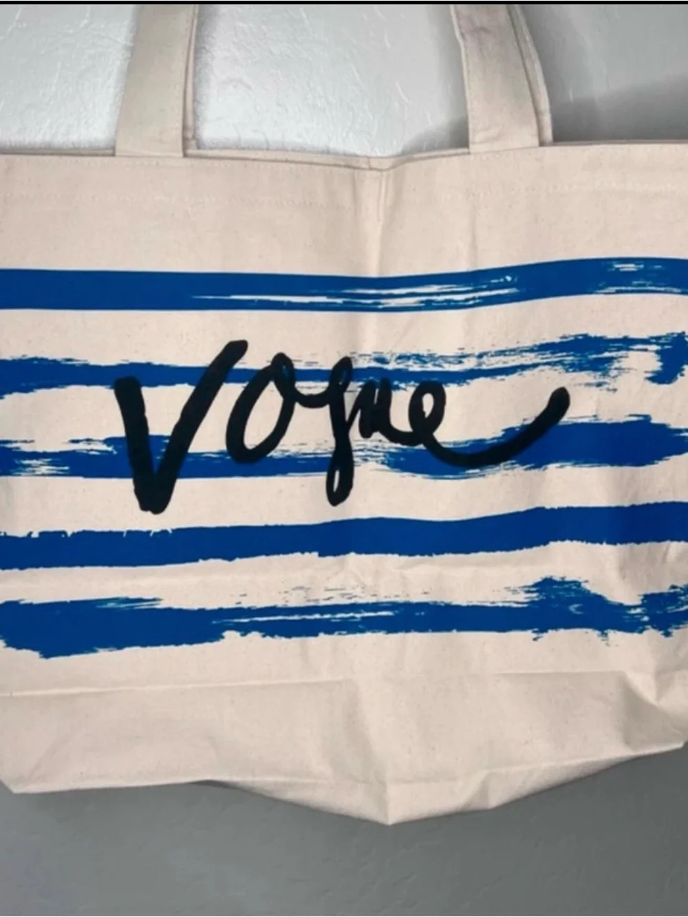 Vogue Cream Canvas Tote with Blue Stripes